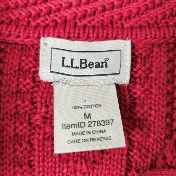 LL Bean Red Cotton Cable Knit Cardigan Sweater Medium Chunky Fisherman 278397 - Picture 5 of 6